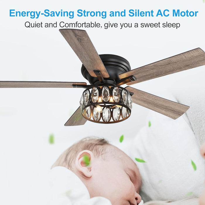 52 in. Crystal Flush Mount Black Ceiling Fan with Light Remote, 5 Reversible Blade Chandelier, Farmhouse Low Profile Ceiling Fan with for Bedroom -4-ErisView