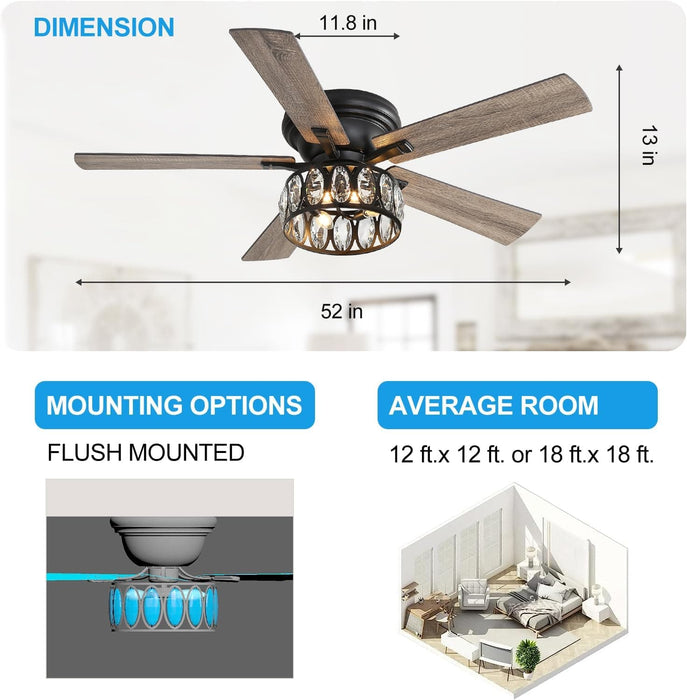 52 in. Crystal Flush Mount Black Ceiling Fan with Light Remote, 5 Reversible Blade Chandelier, Farmhouse Low Profile Ceiling Fan with for Bedroom -5-ErisView