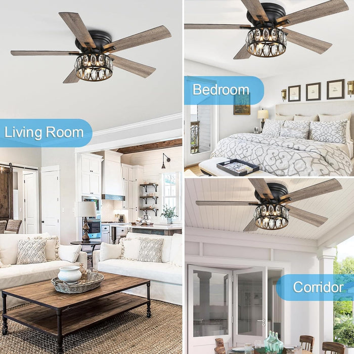 52 in. Crystal Flush Mount Black Ceiling Fan with Light Remote, 5 Reversible Blade Chandelier, Farmhouse Low Profile Ceiling Fan with for Bedroom -7-ErisView