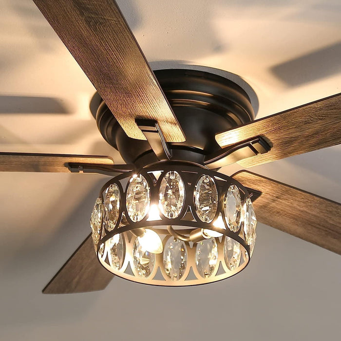 52 in. Crystal Flush Mount Black Ceiling Fan with Light Remote, 5 Reversible Blade Chandelier, Farmhouse Low Profile Ceiling Fan with for Bedroom -8-ErisView