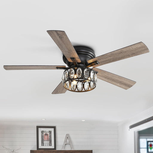 52 in. Crystal Flush Mount Black Ceiling Fan with Light Remote, 5 Reversible Blade Chandelier, Farmhouse Low Profile Ceiling Fan with for Bedroom -1-ErisView