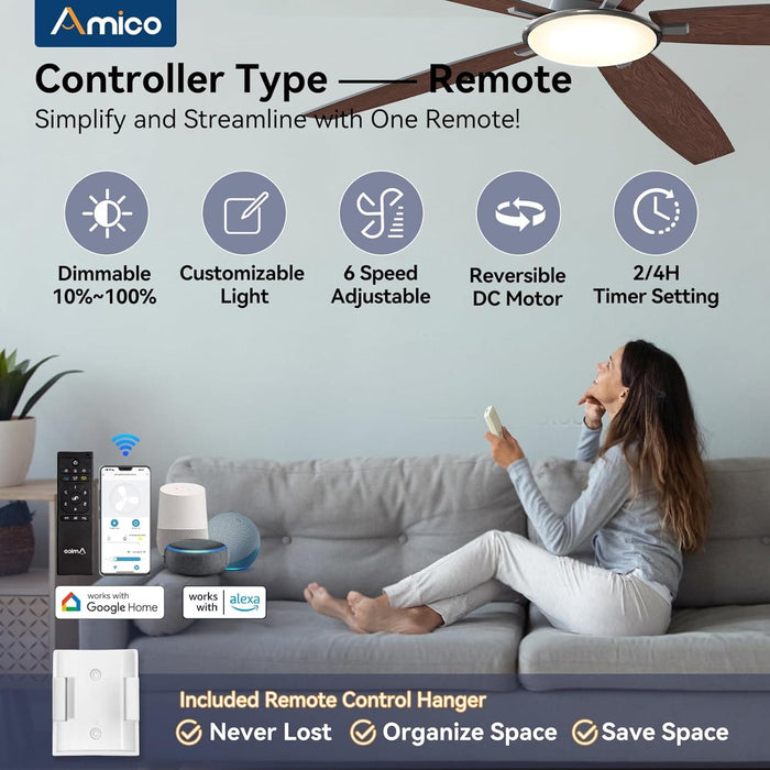 52 in. Dimmable Bedroom Ceiling Fans with Lights, Smart Fans with Remote APP Alexa Control, Reversible Noiseless Wi-Fi Ceiling Fan for Living Room -11-ErisView