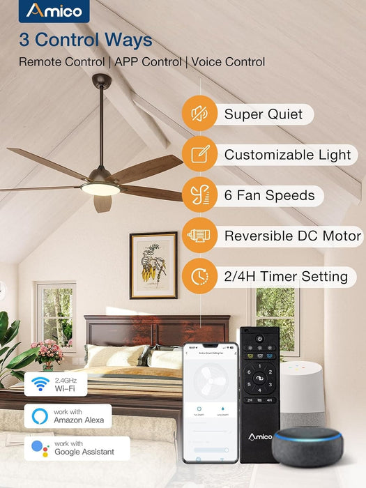 52 in. Dimmable Bedroom Ceiling Fans with Lights, Smart Fans with Remote APP Alexa Control, Reversible Noiseless Wi-Fi Ceiling Fan for Living Room -2-ErisView