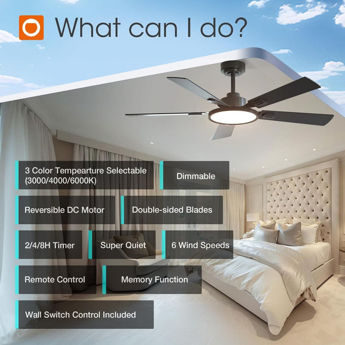 52 in. Dimmable Black Ceiling Fan with Light and Remote, Reversible Noiseless Bedroom Ceiling Fans, Farmhouse Living Room Fan-2-ErisView