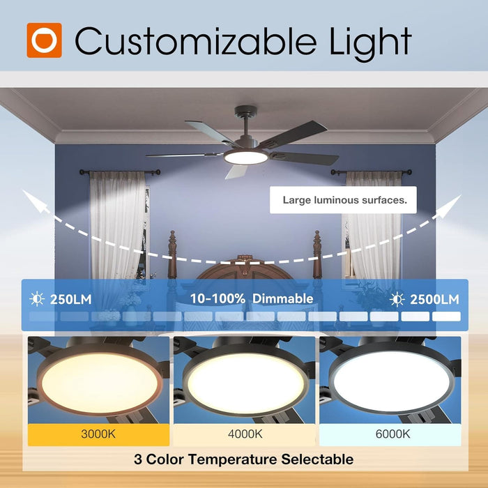 52 in. Dimmable Black Ceiling Fan with Light and Remote, Reversible Noiseless Bedroom Ceiling Fans, Farmhouse Living Room Fan-6-ErisView