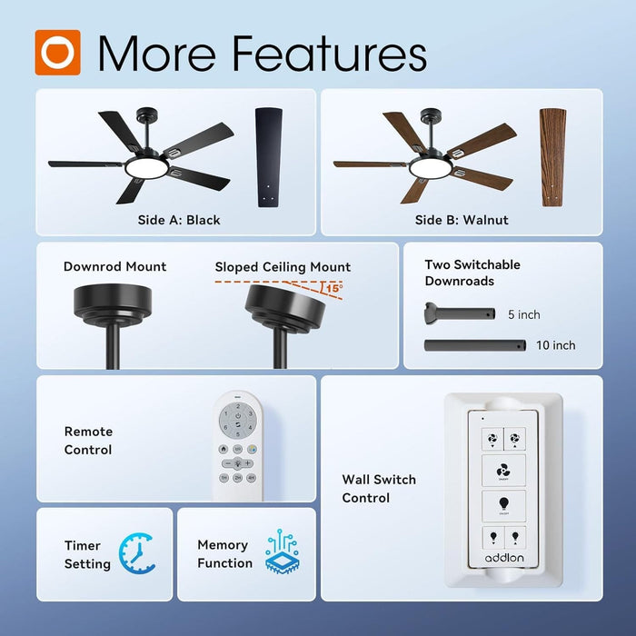 52 in. Dimmable Black Ceiling Fan with Light and Remote, Reversible Noiseless Bedroom Ceiling Fans, Farmhouse Living Room Fan-8-ErisView