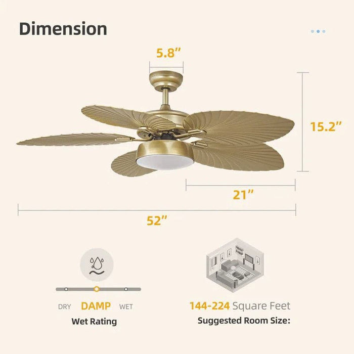 52 in. Dimmable Gold Outdoor Ceiling Fans for Porch Patio, Tropical Quiet Ceiling Fan with Light Kit and Remote-ErisView