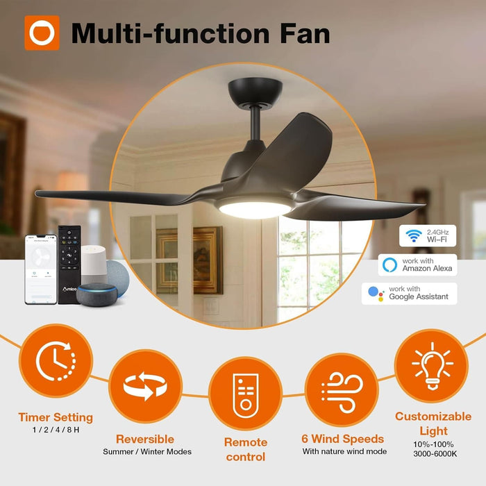 52 in. Farmhouse Bedroom Ceiling Fans with Lights, Smart Fans with Remote APP Alexa Control, Black Reversible Dimmable Noiseless Ceiling Fan -2-ErisView