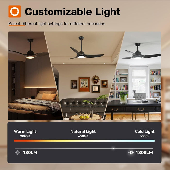 52 in. Farmhouse Bedroom Ceiling Fans with Lights, Smart Fans with Remote APP Alexa Control, Black Reversible Dimmable Noiseless Ceiling Fan -6-ErisView