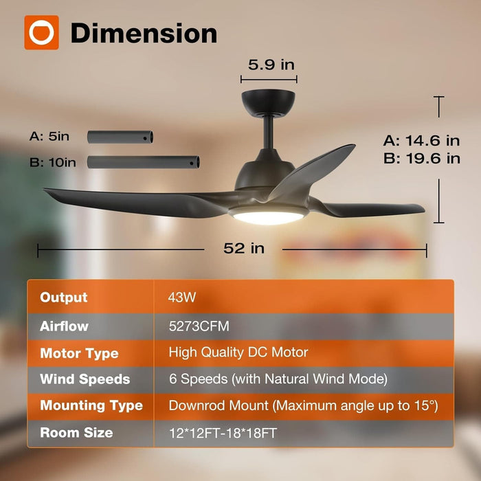 52 in. Farmhouse Bedroom Ceiling Fans with Lights, Smart Fans with Remote APP Alexa Control, Black Reversible Dimmable Noiseless Ceiling Fan -8-ErisView