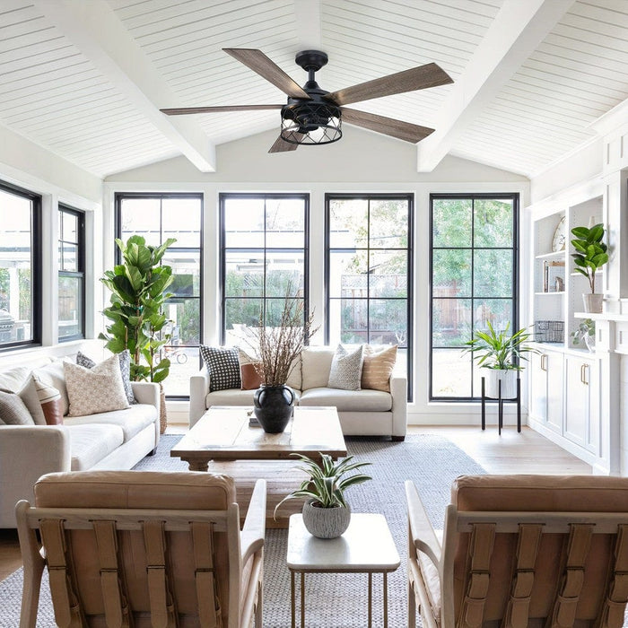 52 in. Farmhouse Black Downrod Mount LED Ceiling Fan with Light Kit and Remote, Indoor 5-Blade Ceiling Fan for Living Room-ErisView