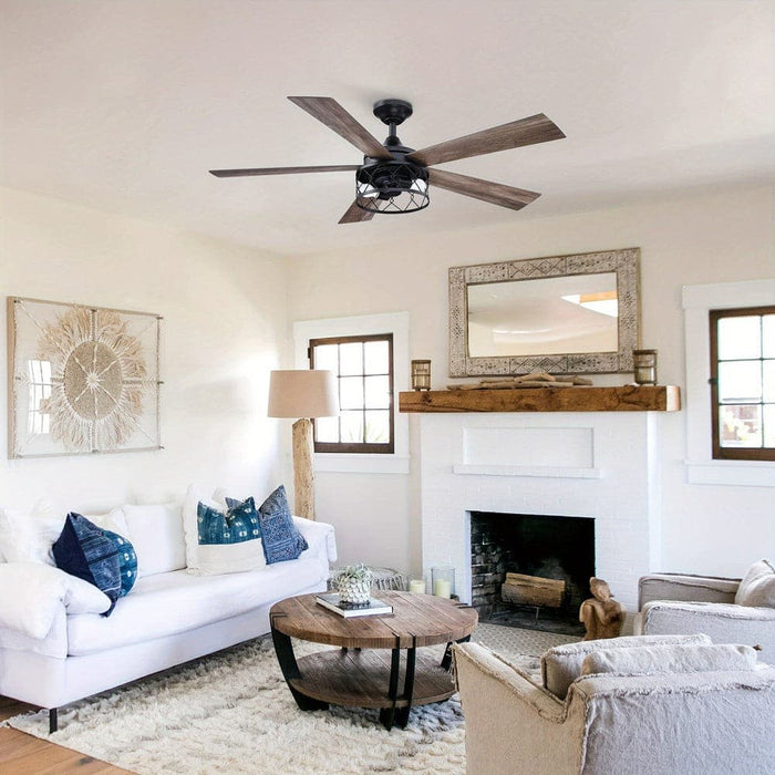 52 in. Farmhouse Black Downrod Mount LED Ceiling Fan with Light Kit and Remote, Indoor 5-Blade Ceiling Fan for Living Room-ErisView