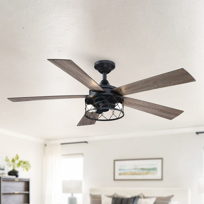 52 in. Farmhouse Black Downrod Mount LED Ceiling Fan with Light Kit and Remote, Indoor 5-Blade Ceiling Fan for Living Room-ErisView