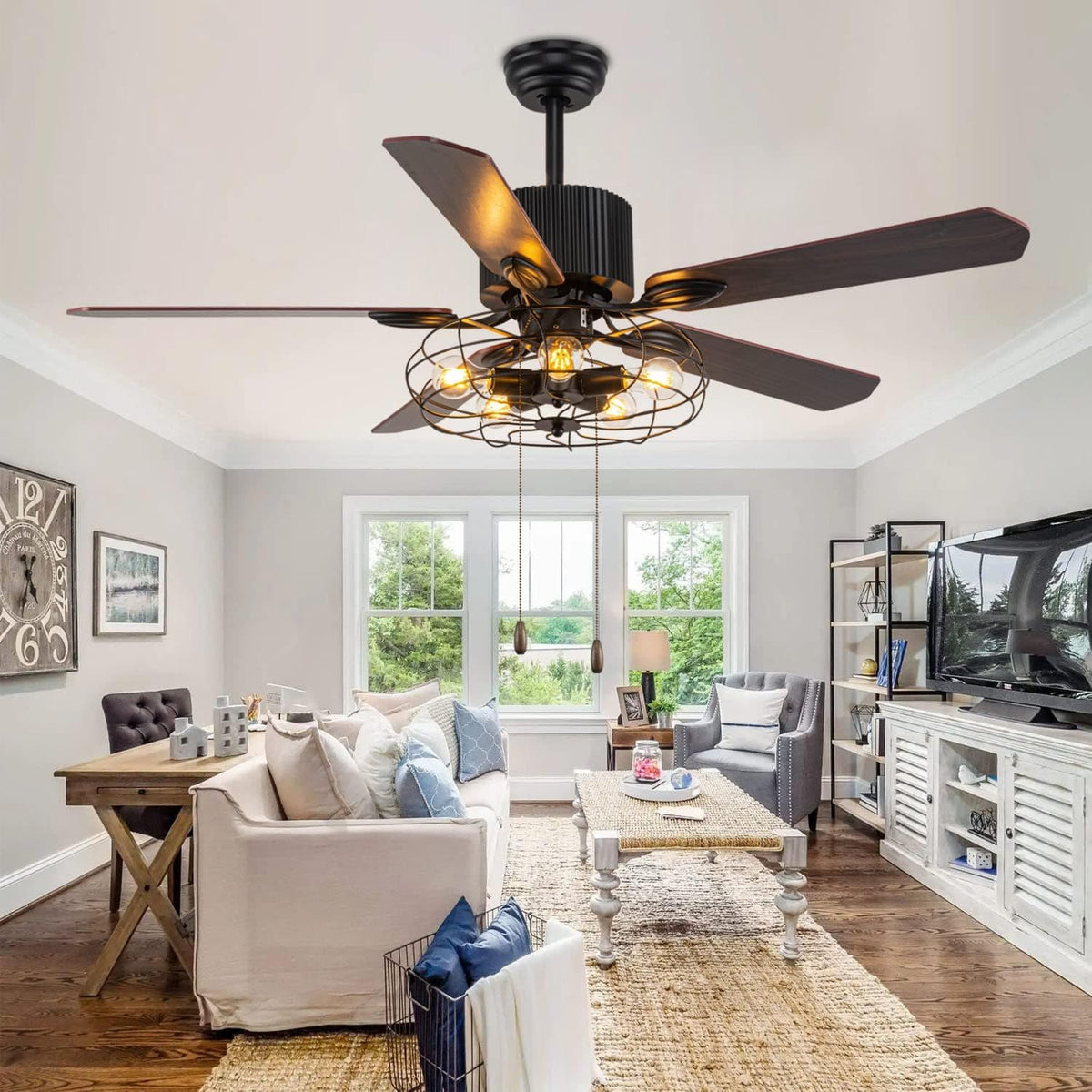 52 in. Farmhouse Caged Ceiling Fan with Light and Remote Pull Chain, Black  Industrial Rustic Chandelier Fan for Bedroom Living Room Dining Room, image size:1200x1200