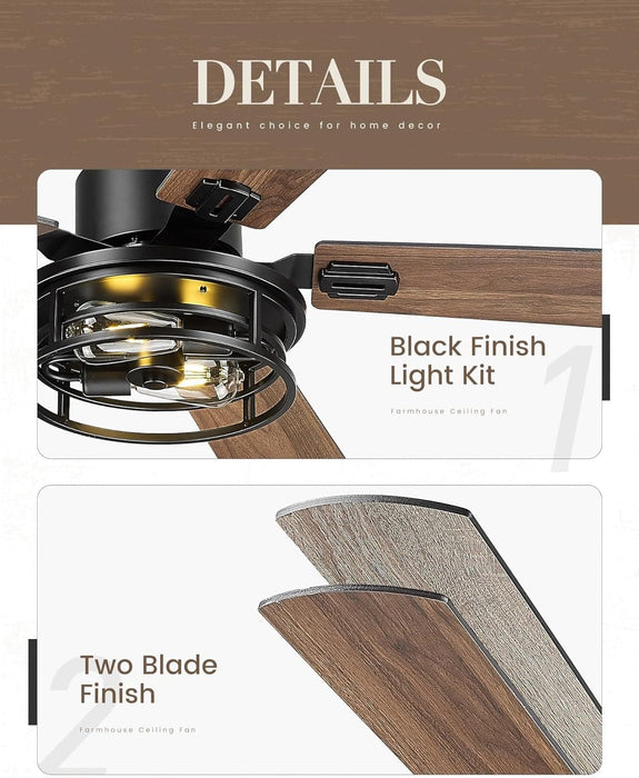 52 in. Farmhouse Ceiling Fan, Industrial Ceiling Fans with Light and Remote Control, Matte Black 5 Blade Ceiling Fan with Light-2-ErisView