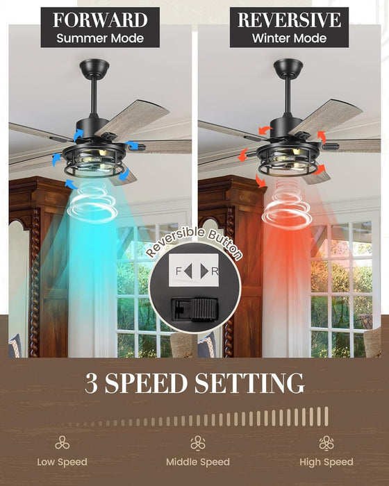 52 in. Farmhouse Ceiling Fan, Industrial Ceiling Fans with Light and Remote Control, Matte Black 5 Blade Ceiling Fan with Light-3-ErisView