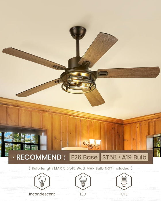 52 in. Farmhouse Ceiling Fan, Industrial Ceiling Fans with Light and Remote Control, Matte Black 5 Blade Ceiling Fan with Light-4-ErisView