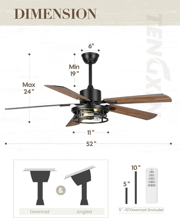 52 in. Farmhouse Ceiling Fan, Industrial Ceiling Fans with Light and Remote Control, Matte Black 5 Blade Ceiling Fan with Light-6-ErisView