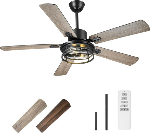 52 in. Farmhouse Ceiling Fan, Industrial Ceiling Fans with Light and Remote Control, Matte Black 5 Blade Ceiling Fan with Light-1-ErisView