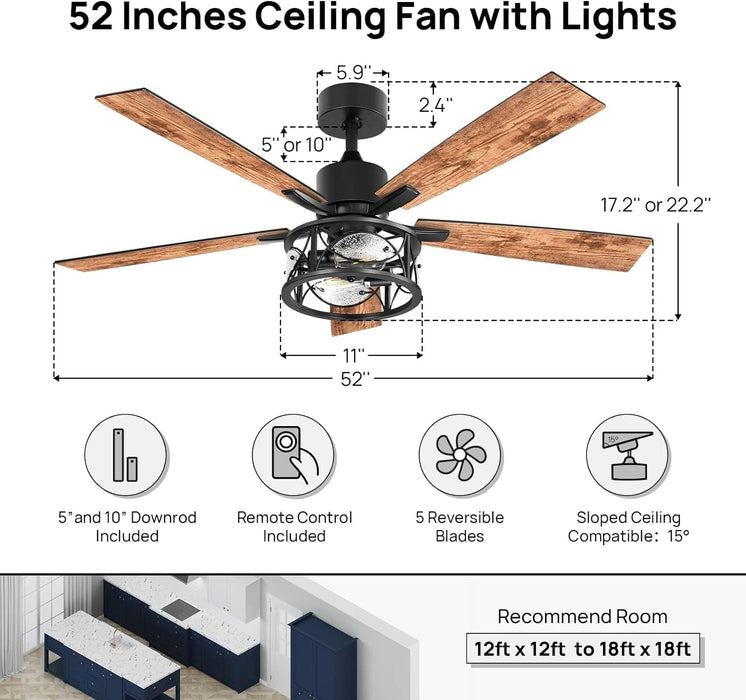 52 in. Farmhouse Ceiling Fan with Light, Wood Ceiling Fan with Lights, Indoor Remote Control Fan, Quiet Ceiling Fans with Lights-5-ErisView