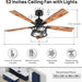 52 in. Farmhouse Ceiling Fan with Light, Wood Ceiling Fan with Lights, Indoor Remote Control Fan, Quiet Ceiling Fans with Lights-5-ErisView