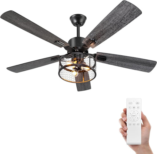 52 in. Farmhouse Ceiling Fan with Lights and Remote, Caged Rustic Ceiling Fans Light Fixture for Living Room Bed Room Dining Room Patio-1-ErisView