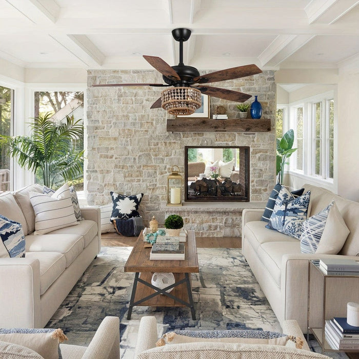 52 in. Farmhouse Ceiling Fan with Remote, 5-Blade Ceiling Fan with Driftwood Jute Wooden Beads-ErisView