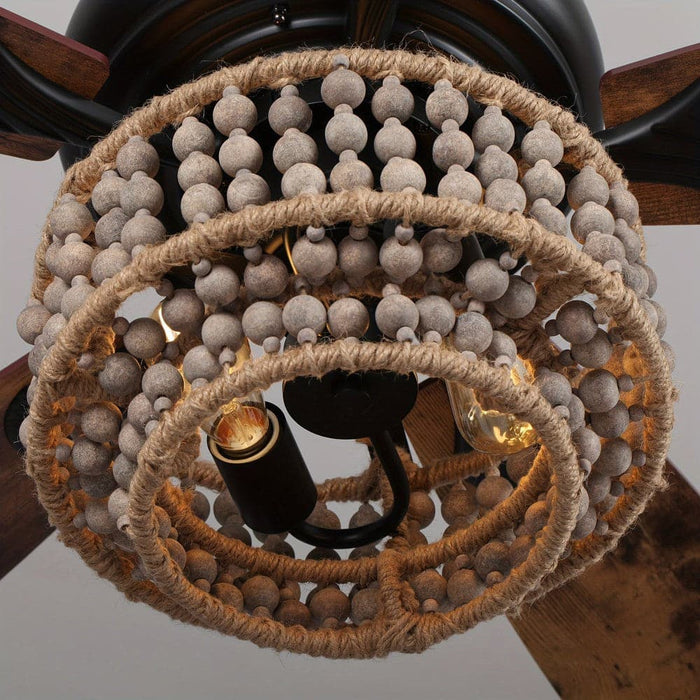 52 in. Farmhouse Ceiling Fan with Remote, 5-Blade Ceiling Fan with Driftwood Jute Wooden Beads-ErisView