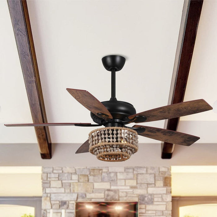 52 in. Farmhouse Ceiling Fan with Remote, 5-Blade Ceiling Fan with Driftwood Jute Wooden Beads-ErisView
