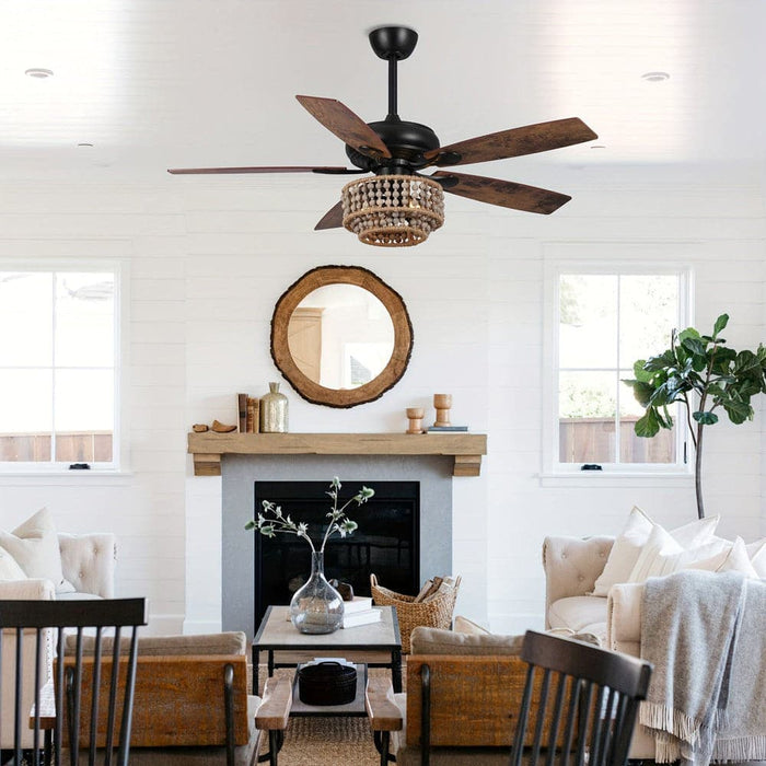 52 in. Farmhouse Ceiling Fan with Remote, 5-Blade Ceiling Fan with Driftwood Jute Wooden Beads-ErisView