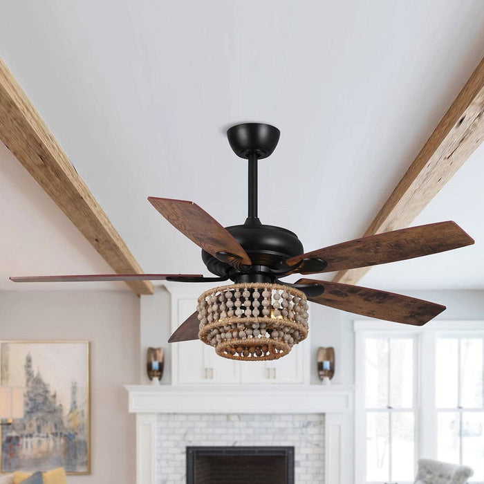 52 in. Farmhouse Ceiling Fan with Remote, 5-Blade Ceiling Fan with Driftwood Jute Wooden Beads-ErisView