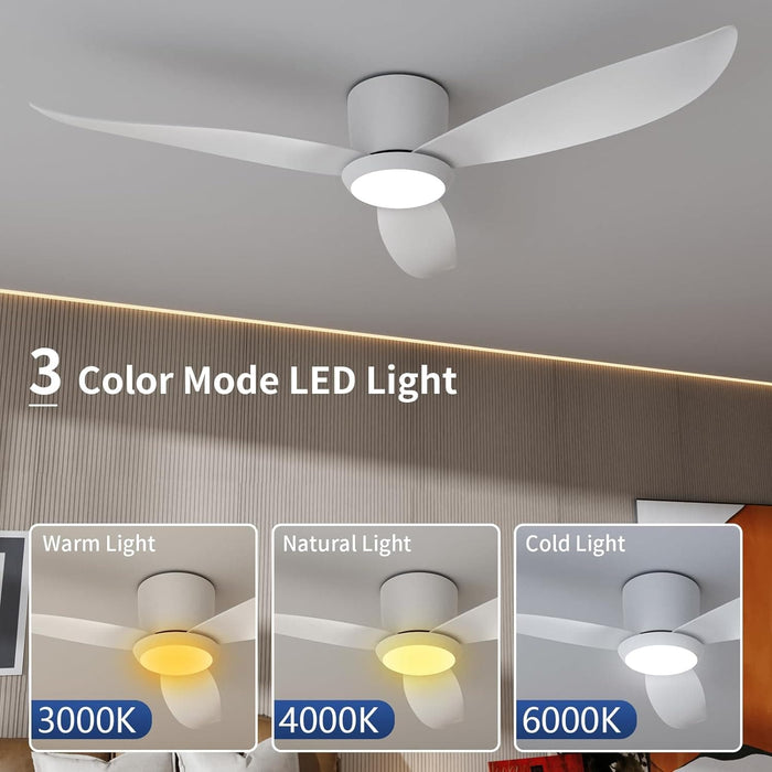 52 in. Farmhouse Flush Mount Low Profile Ceiling Fan with Remote Control, White LED Reversible Ceiling Fan for Bedroom Living Room Patios -2-ErisView