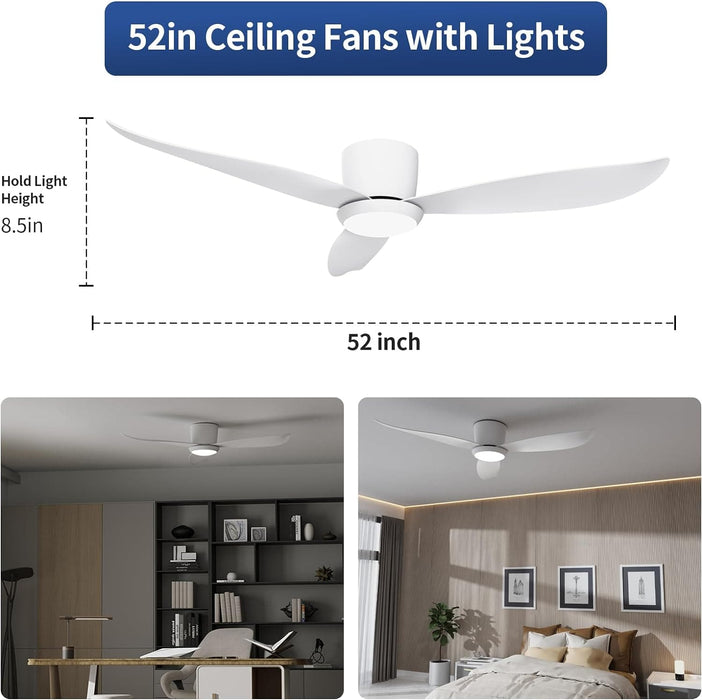 52 in. Farmhouse Flush Mount Low Profile Ceiling Fan with Remote Control, White LED Reversible Ceiling Fan for Bedroom Living Room Patios -5-ErisView