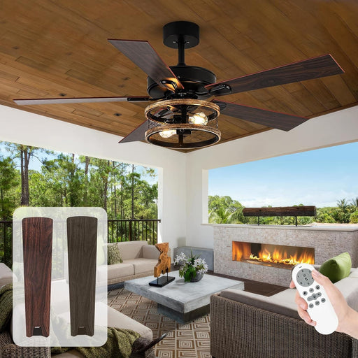 52 in. Farmhouse Remote Control Ceiling Fan and Light, 5 Blade Caged Wood Ceiling Fan, Vintage Rustic Reversible Ceiling Fan-1-ErisView