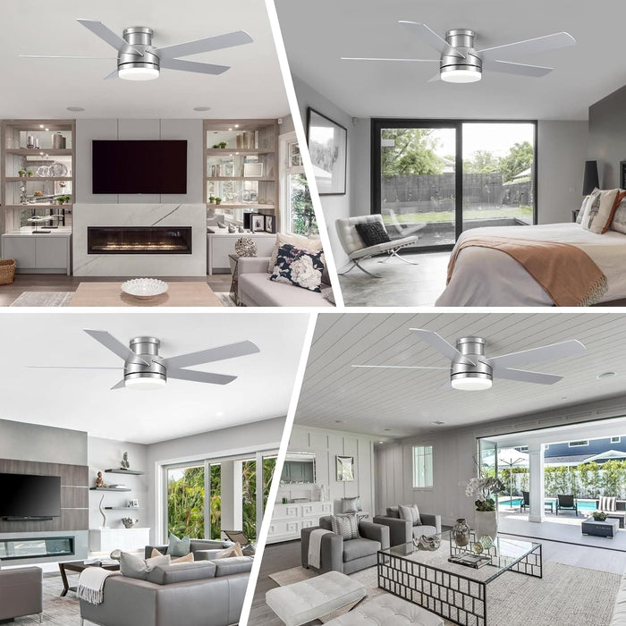 52 in. Flush Mount Brushed Nickel Ceiling Fan, Remote Ceiling Fan with Light, Dimmable LED Reversible DC Ceiling Fan, 5 Blades Modern Ceiling Fan-2-ErisView
