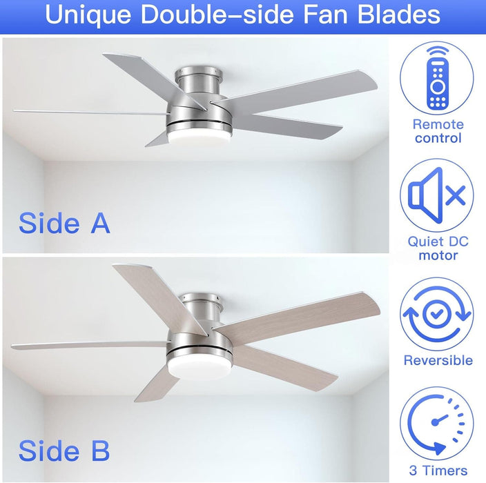 52 in. Flush Mount Brushed Nickel Ceiling Fan, Remote Ceiling Fan with Light, Dimmable LED Reversible DC Ceiling Fan, 5 Blades Modern Ceiling Fan-3-ErisView