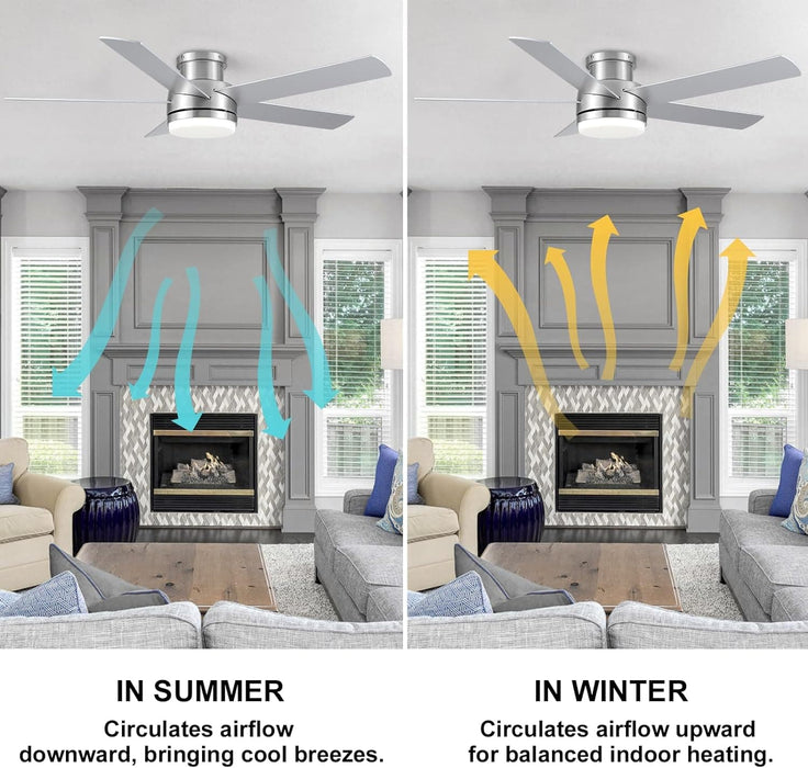 52 in. Flush Mount Brushed Nickel Ceiling Fan, Remote Ceiling Fan with Light, Dimmable LED Reversible DC Ceiling Fan, 5 Blades Modern Ceiling Fan-4-ErisView