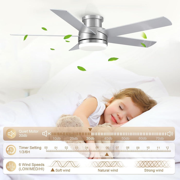 52 in. Flush Mount Brushed Nickel Ceiling Fan, Remote Ceiling Fan with Light, Dimmable LED Reversible DC Ceiling Fan, 5 Blades Modern Ceiling Fan-5-ErisView