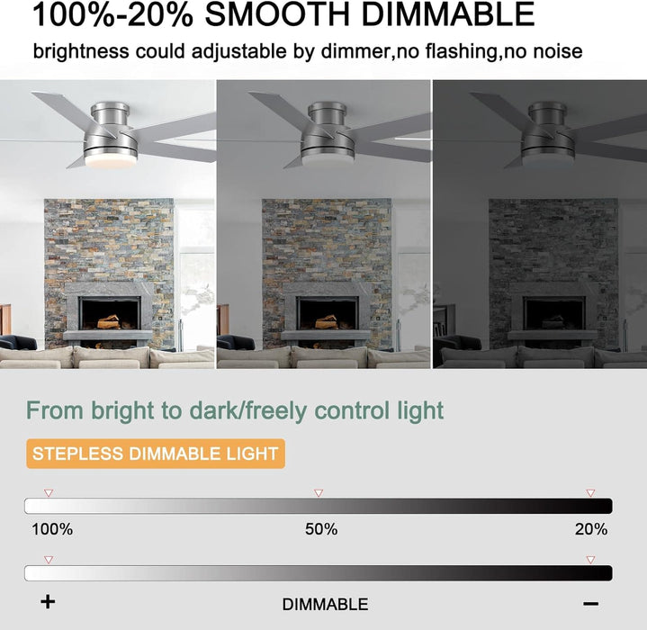 52 in. Flush Mount Brushed Nickel Ceiling Fan, Remote Ceiling Fan with Light, Dimmable LED Reversible DC Ceiling Fan, 5 Blades Modern Ceiling Fan-6-ErisView