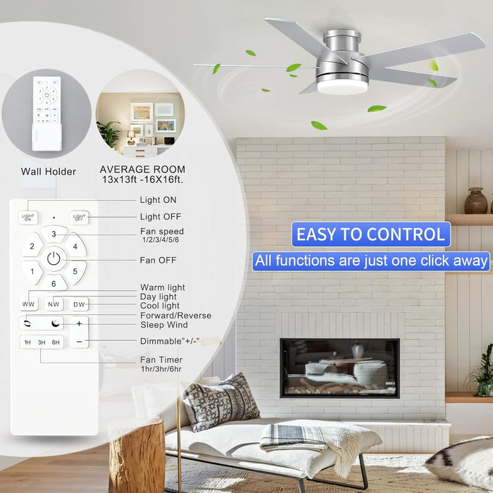 52 in. Flush Mount Brushed Nickel Ceiling Fan, Remote Ceiling Fan with Light, Dimmable LED Reversible DC Ceiling Fan, 5 Blades Modern Ceiling Fan-8-ErisView