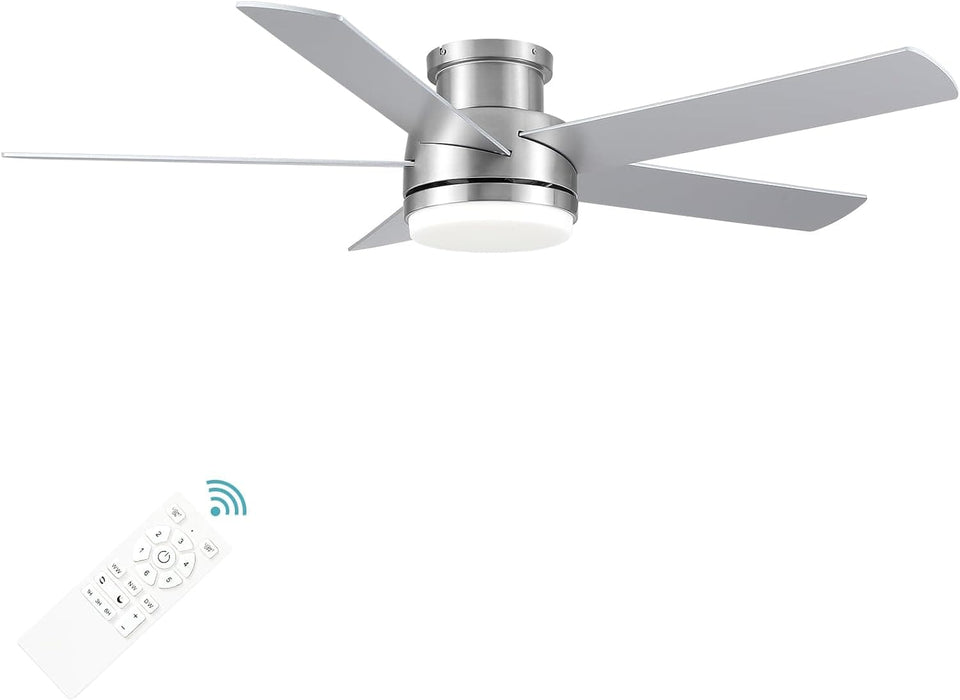 52 in. Flush Mount Brushed Nickel Ceiling Fan, Remote Ceiling Fan with Light, Dimmable LED Reversible DC Ceiling Fan, 5 Blades Modern Ceiling Fan-1-ErisView