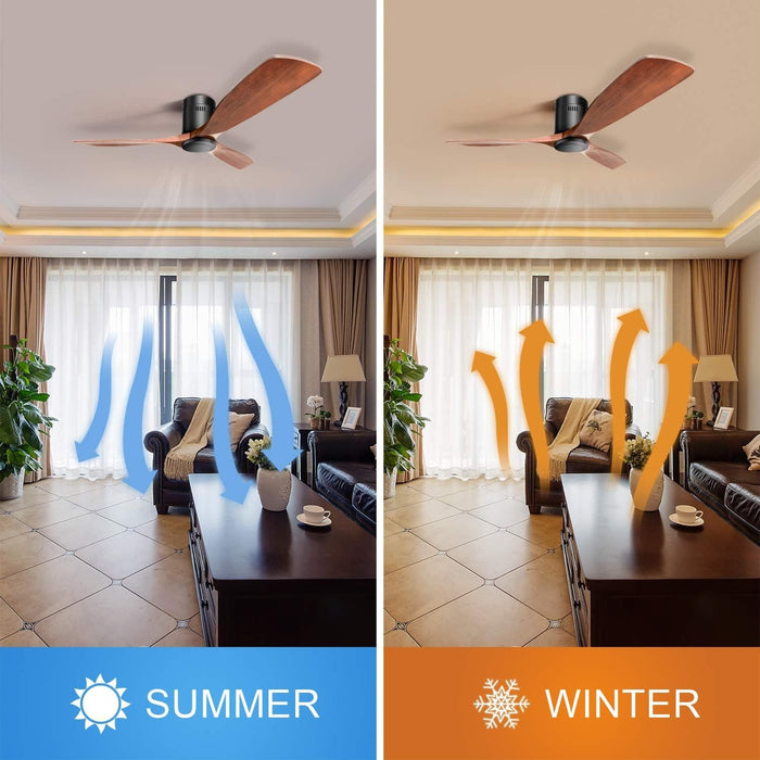 52 in. Flush Mount Ceiling Fan and Light, Modern Low Profile Ceiling Fan with Remote, Farmhouse Reversible DC Ceiling Fan for Patios Bedroom Living Room -12-ErisView