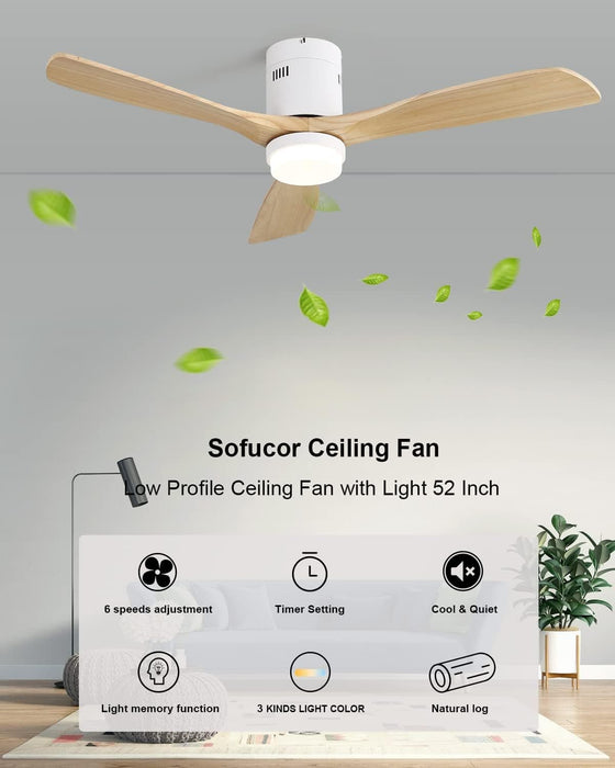 52 in. Flush Mount Ceiling Fan and Light, Modern Low Profile Ceiling Fan with Remote, Farmhouse Reversible DC Ceiling Fan for Patios Bedroom Living Room -19-ErisView