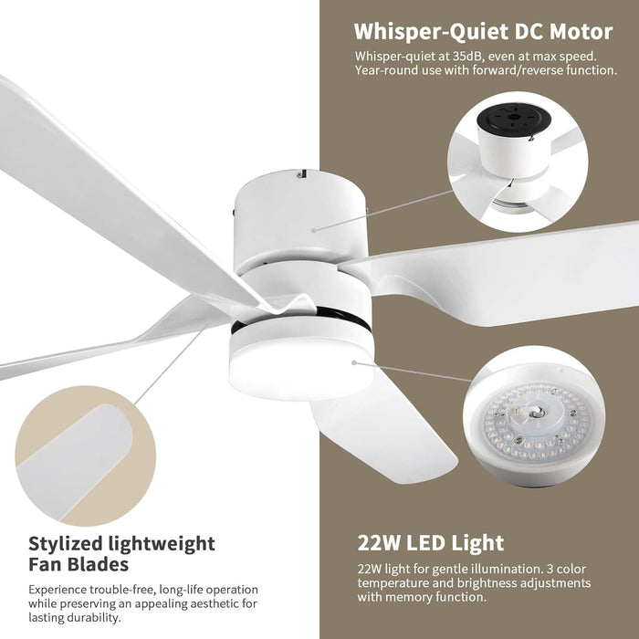 52 in. Flush Mount Ceiling Fan with Light, White Low Profile Ceiling Fan for Indoor Outdoor Use-2-ErisView