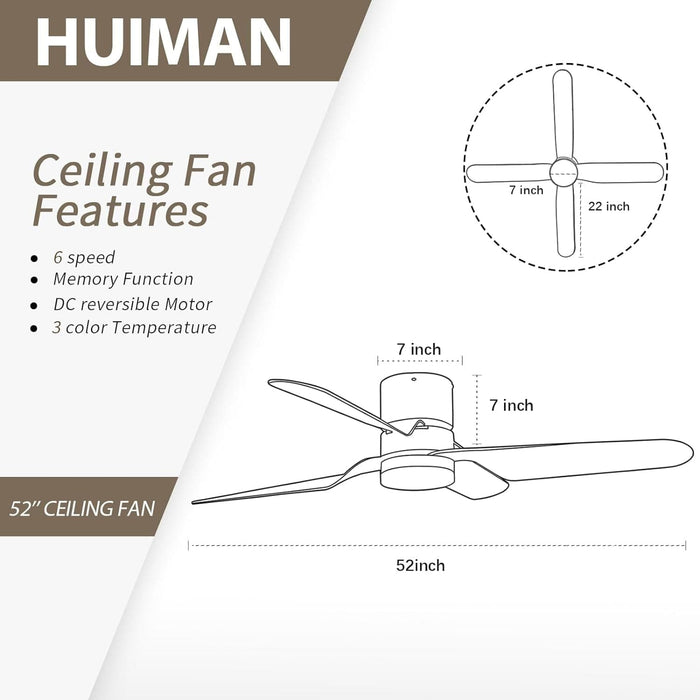 52 in. Flush Mount Ceiling Fan with Light, White Low Profile Ceiling Fan for Indoor Outdoor Use-5-ErisView
