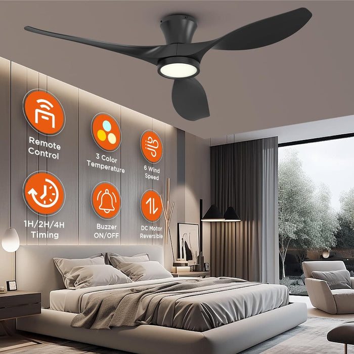 52 in. Flush Mount Ceiling Fan with Remote, Outdoor Farmhouse Low Profile Fan for Patio, Black Reversible Fan for Bedroom Living Room Kitchen Dining Room-2-ErisView