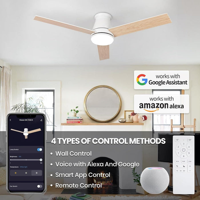 52 in. Flush Mount Low Profile Ceiling Fan with Light Remote APP Control, Smart Dimmable Modern White Ceiling Fan for Patios Bedroom Living Room-2-ErisView
