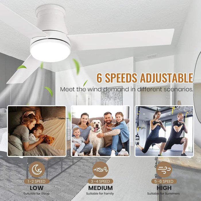 52 in. Flush Mount Low Profile Ceiling Fan with Light Remote APP Control, Smart Dimmable Modern White Ceiling Fan for Patios Bedroom Living Room-5-ErisView