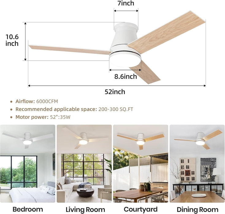 52 in. Flush Mount Low Profile Ceiling Fan with Light Remote APP Control, Smart Dimmable Modern White Ceiling Fan for Patios Bedroom Living Room-7-ErisView