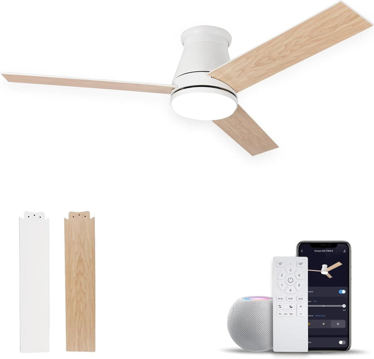 52 in. Flush Mount Low Profile Ceiling Fan with Light Remote APP Control, Smart Dimmable Modern White Ceiling Fan for Patios Bedroom Living Room-8-ErisView
